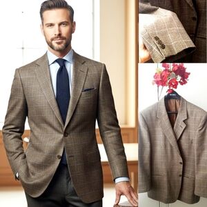 Joseph & Feiss-Moores🔥Brown Houndstooth Plaid Front Two Buttons Pockets Blazer